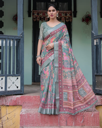 Pink and Maroon Pure Cotton Linen Saree with Blouse and Tassels - Floral Design with Leaf Patterns