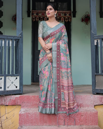 Pink and Maroon Pure Cotton Linen Saree with Blouse and Tassels - Floral Design with Leaf Patterns