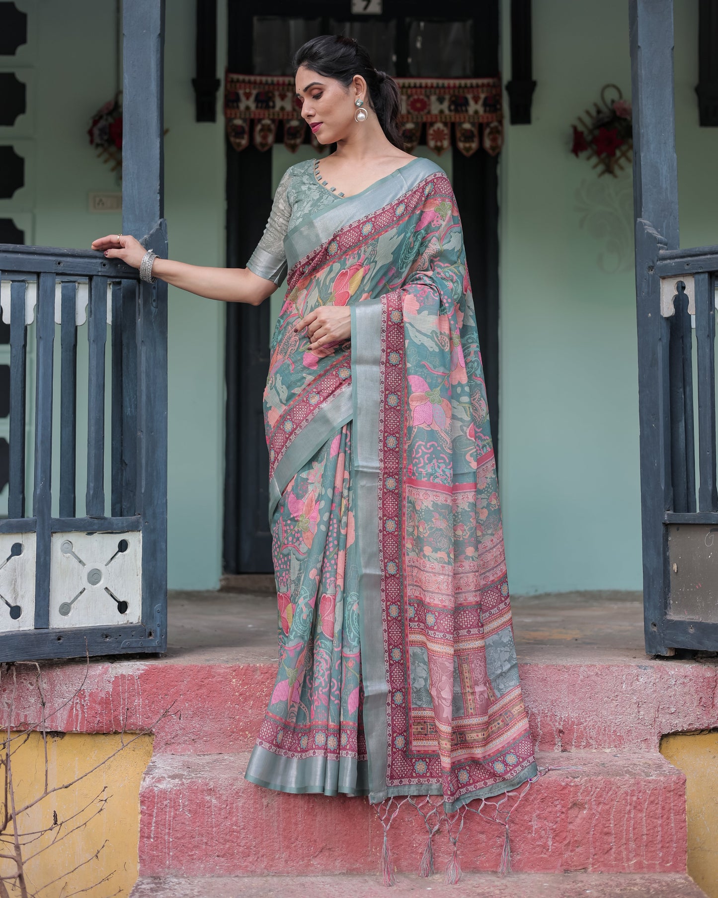 Pink and Maroon Pure Cotton Linen Saree with Blouse and Tassels - Floral Design with Leaf Patterns