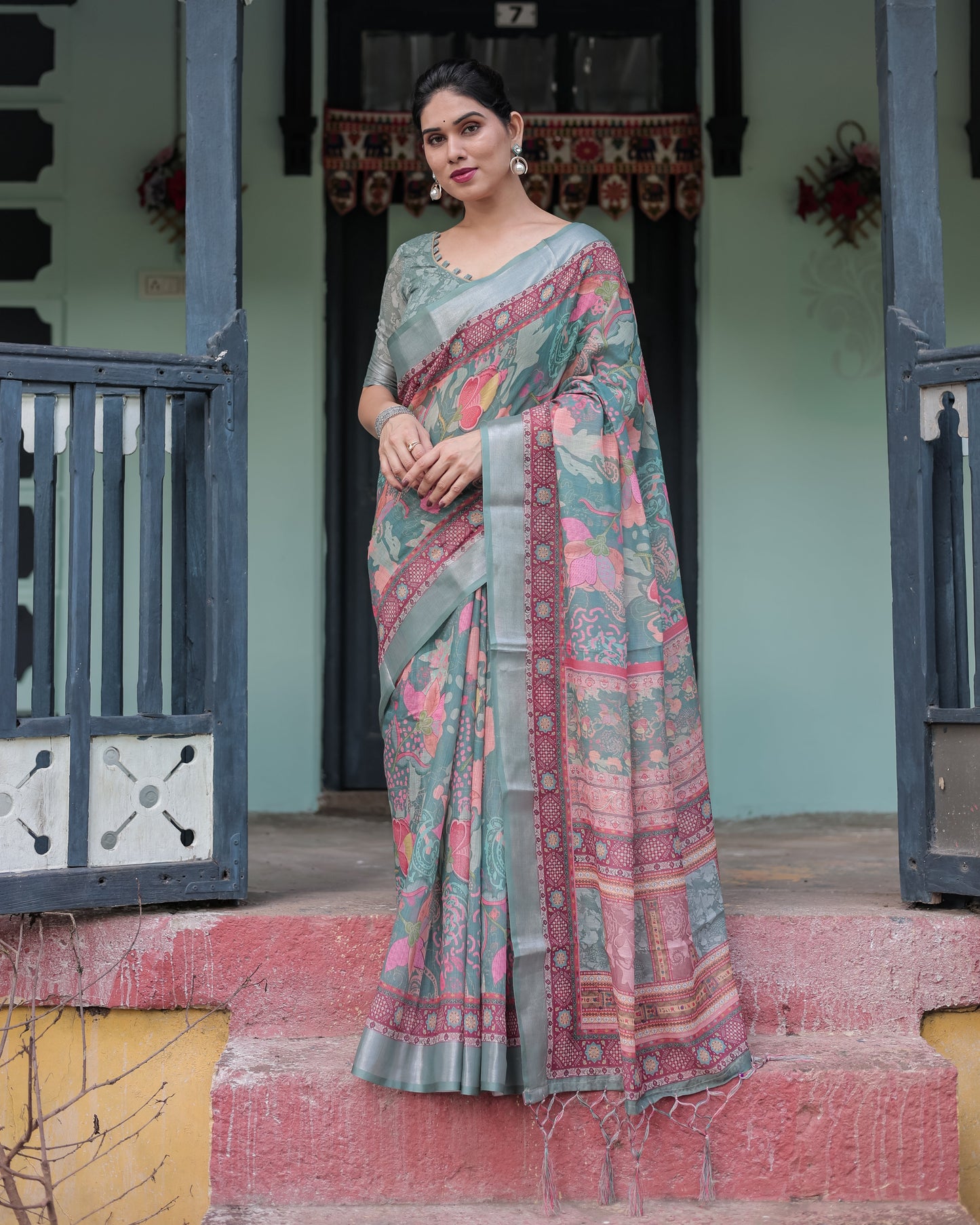 Pink and Maroon Pure Cotton Linen Saree with Blouse and Tassels - Floral Design with Leaf Patterns