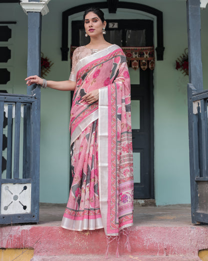 Elegant Pink and White Pure Cotton Linen Saree with Floral and Foliage Prints, Contrast Border, and Tassels