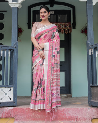 Elegant Pink and White Pure Cotton Linen Saree with Floral and Foliage Prints, Contrast Border, and Tassels