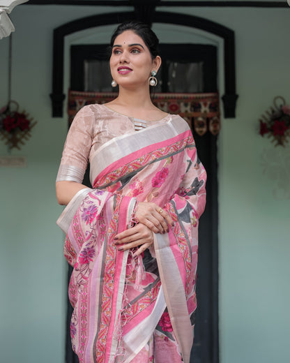 Elegant Pink and White Pure Cotton Linen Saree with Floral and Foliage Prints, Contrast Border, and Tassels