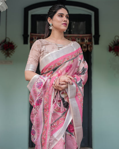 Elegant Pink and White Pure Cotton Linen Saree with Floral and Foliage Prints, Contrast Border, and Tassels