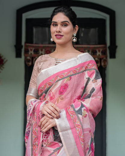 Elegant Pink and White Pure Cotton Linen Saree with Floral and Foliage Prints, Contrast Border, and Tassels