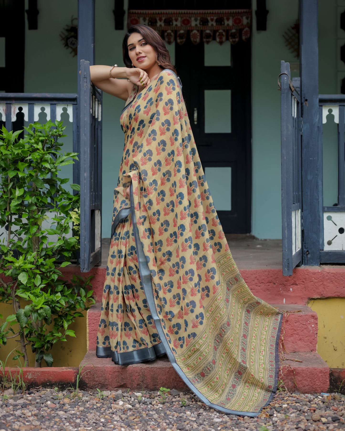 Beige and Charcoal Pure Cotton Linen Saree with Floral Print, Blouse, and Tassel Detailing