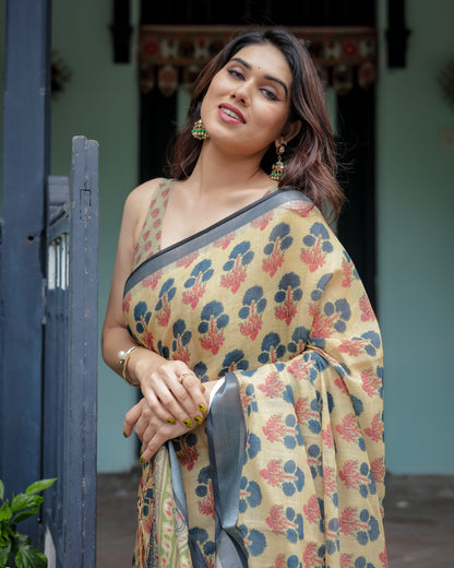 Beige and Charcoal Pure Cotton Linen Saree with Floral Print, Blouse, and Tassel Detailing