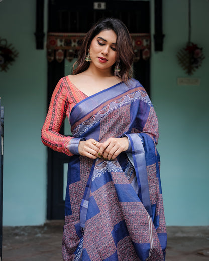 Navy Blue & Red Pure Cotton Linen Saree with Blouse and Tassels on Edges