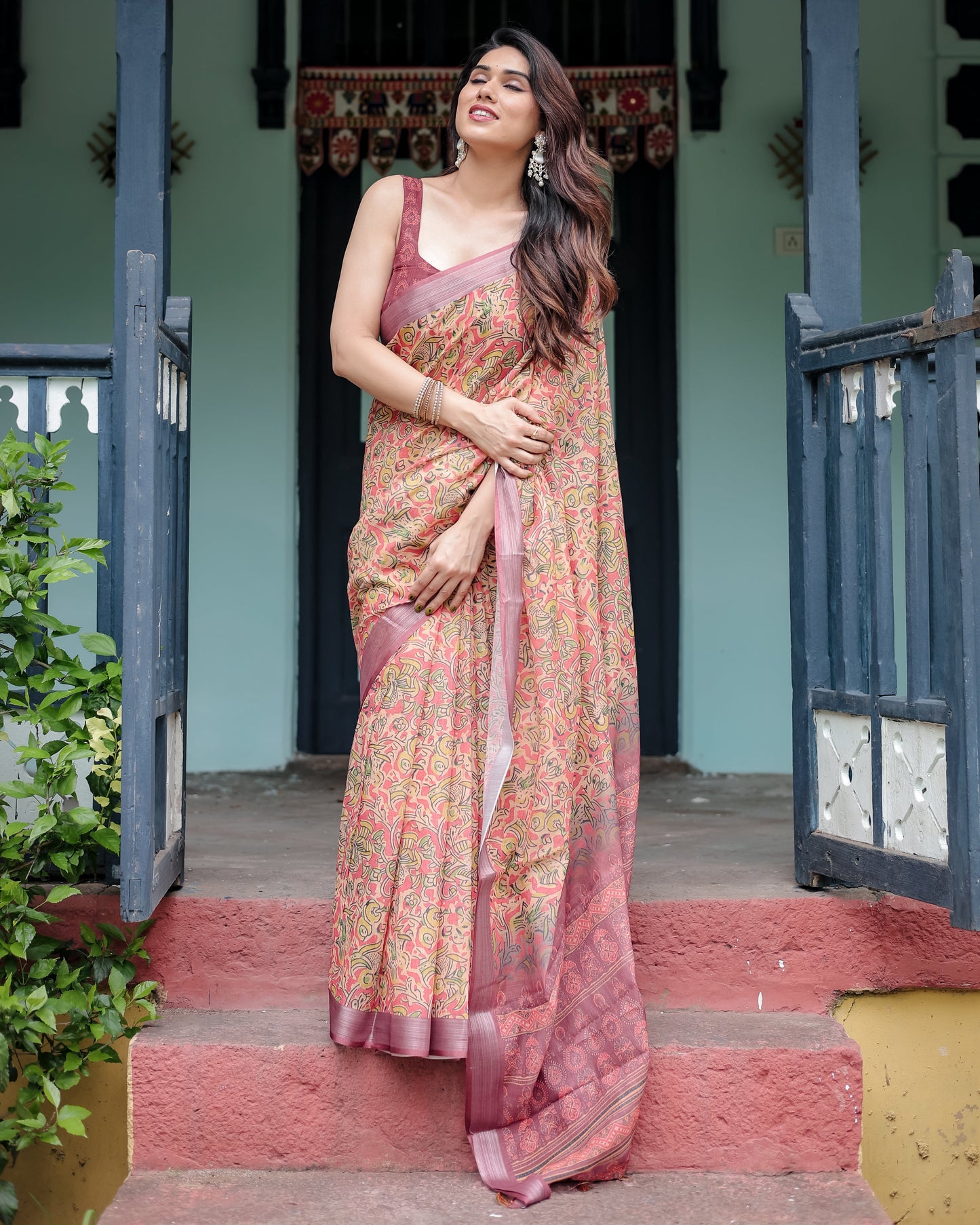 Beige and Rust Pure Cotton Linen Saree with Tribal Block Print, Blouse, and Tassel Detailing