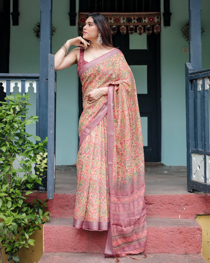 Beige and Rust Pure Cotton Linen Saree with Tribal Block Print, Blouse, and Tassel Detailing