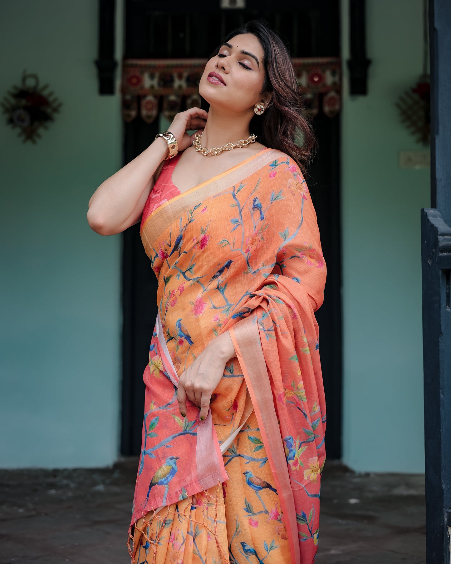 Peach and Orange Pure Cotton Linen Saree with Floral and Bird Print, Blouse, and Tassel Detailing