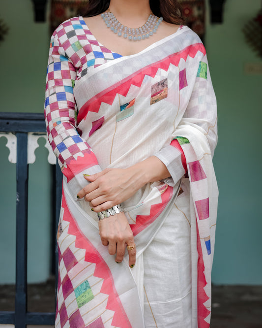 White Pure Cotton Linen Saree with Multicolor Checkered Design, Blouse, and Tassel Detailing