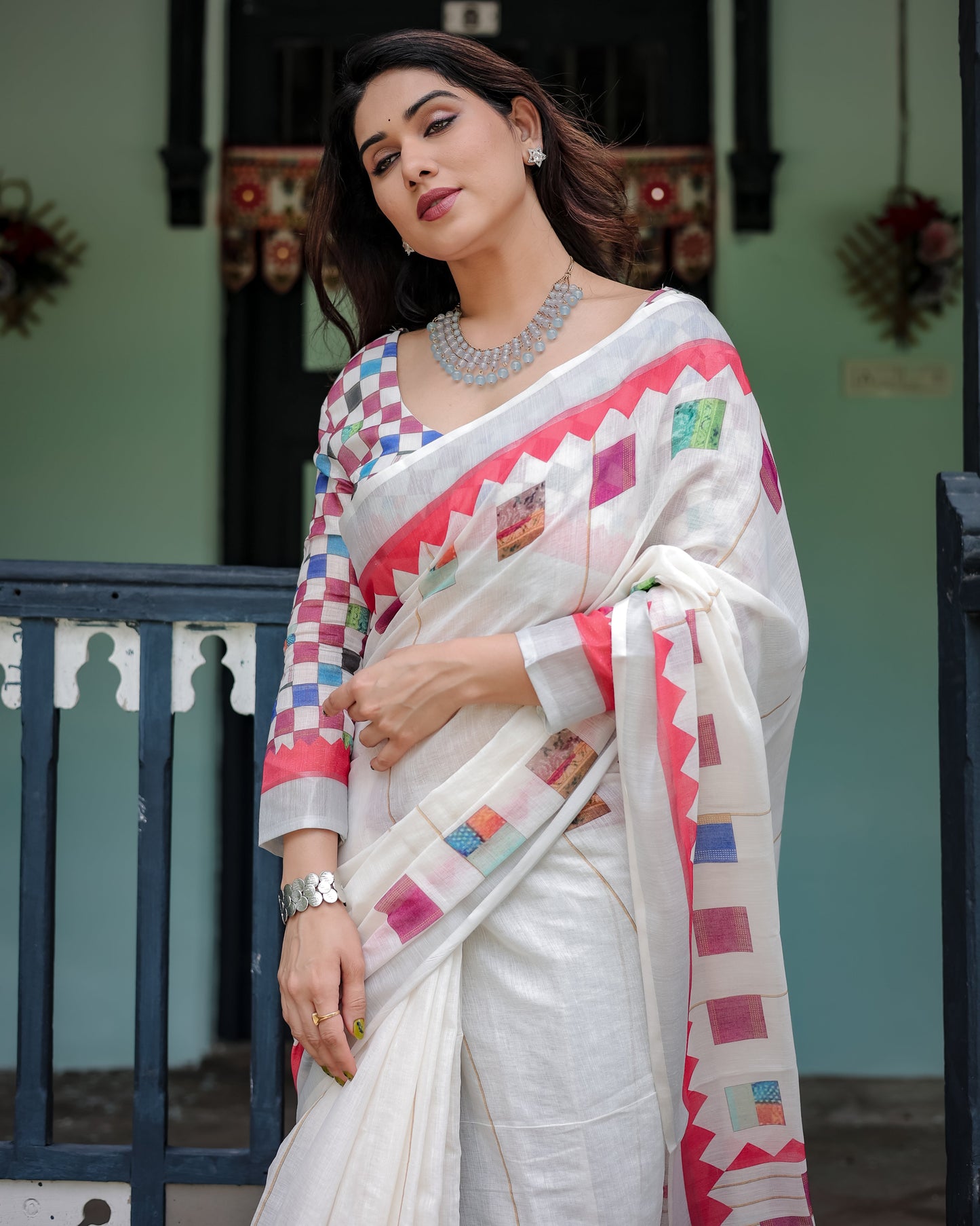 White Pure Cotton Linen Saree with Multicolor Checkered Design, Blouse, and Tassel Detailing