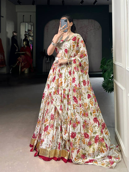 Floral Print Chiffon Lehenga Choli for Garba Night