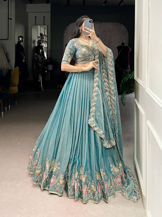 Pastel Floral Zari Lehenga Choli with Embroidered Dupatta – Wedding Wear 2025