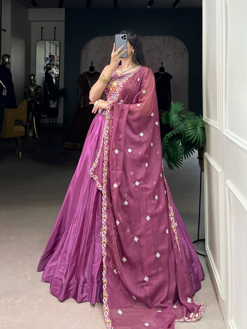 Magenta silk crepe wedding lehenga choli with sequins work