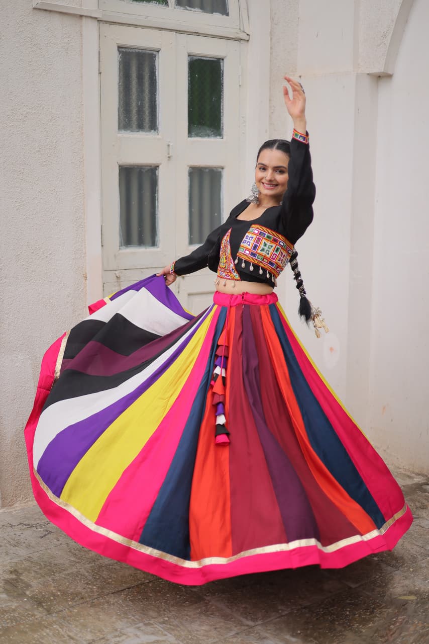 Multicolour Navratri Lehenga Choli 2025 with Gamthi embroidery, mirror work, and koti blouse