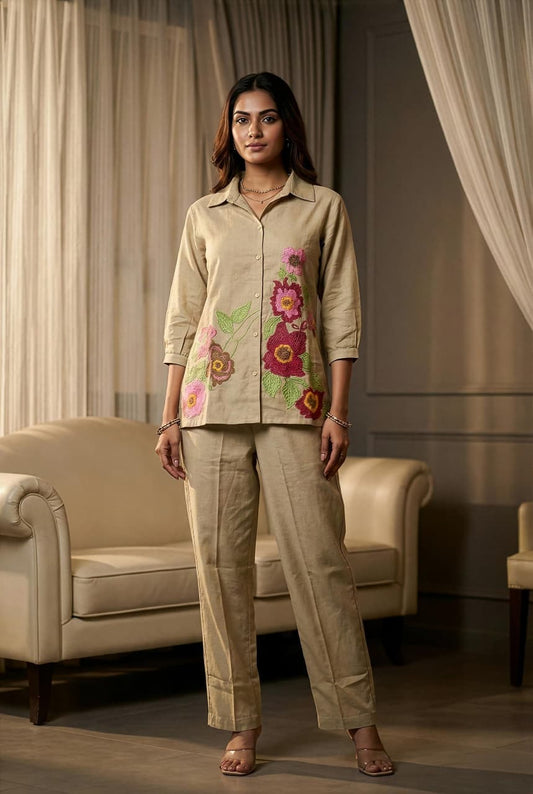 beige cotton flex co ord set for women