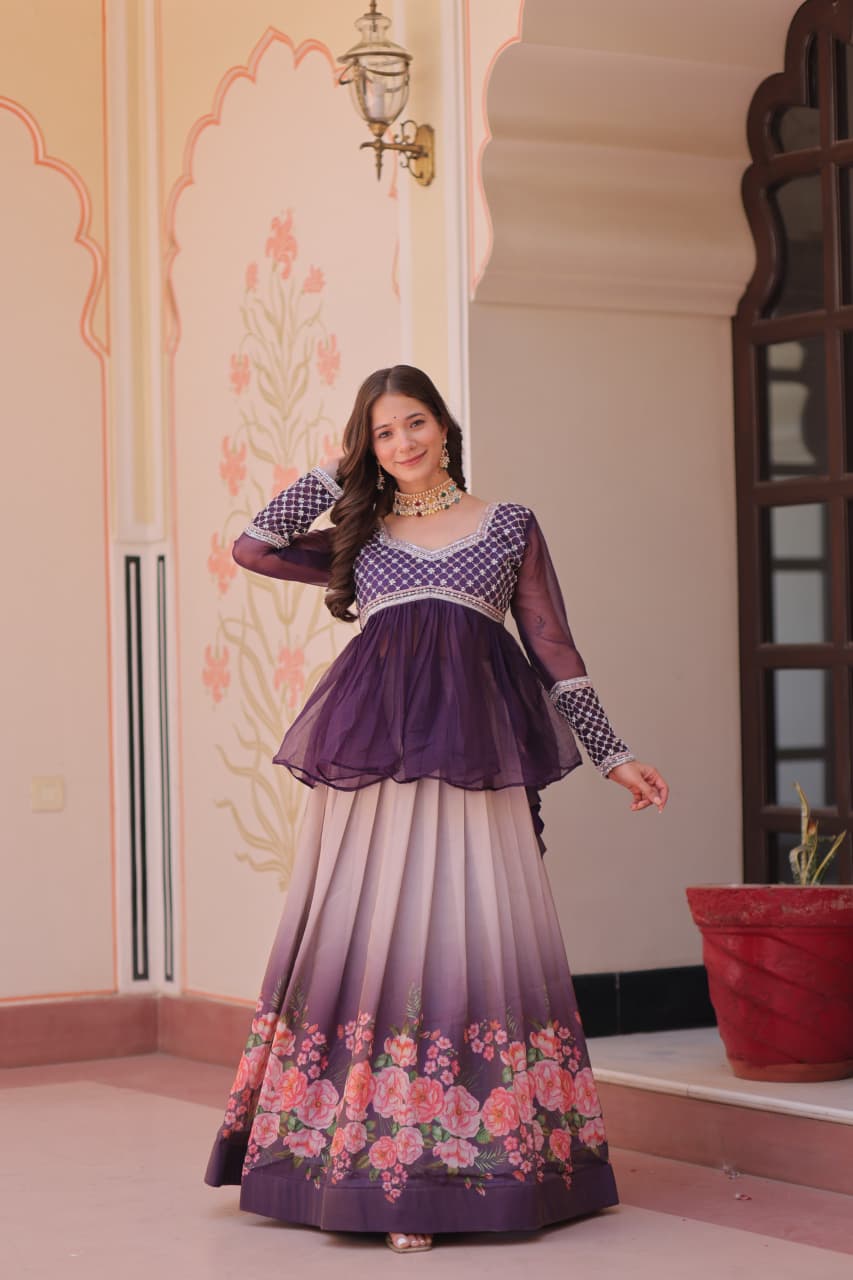 Chiffon Beaded Peplum Top with Cosmos Print Lehenga