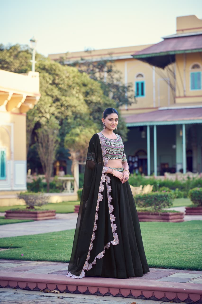 Designer Embroidered Georgette Lehenga Choli Set with Floral Scallop Dupatta for Navratri & Festive Wear