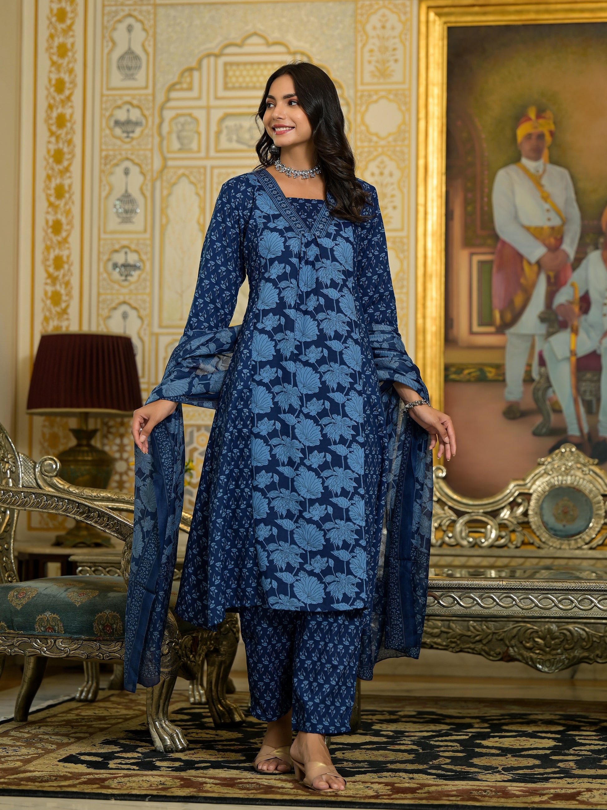 Blue Embroidered Viscose Rayon Suit Set with V-Neck Kurta