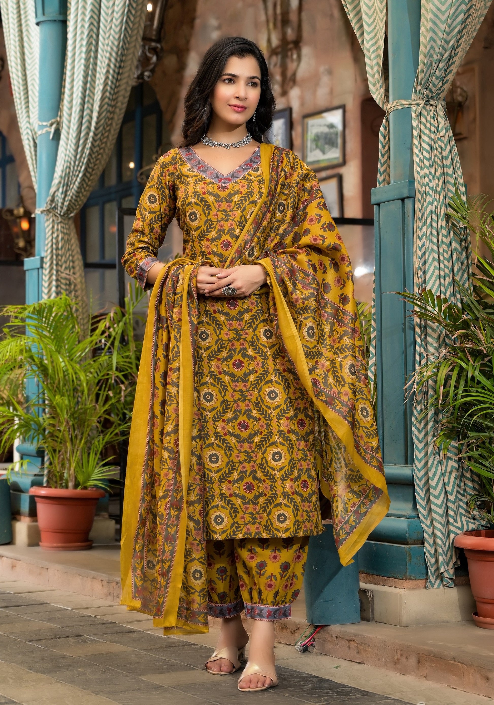 Varsha Yellow Embroidered Kurta Set with Chanderi Cotton Dupatta - Women's Ethnic Wear