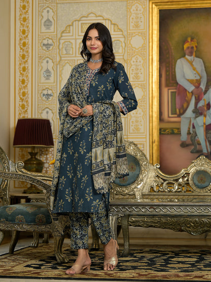 Navy blue embroidered viscose rayon kurta set for women