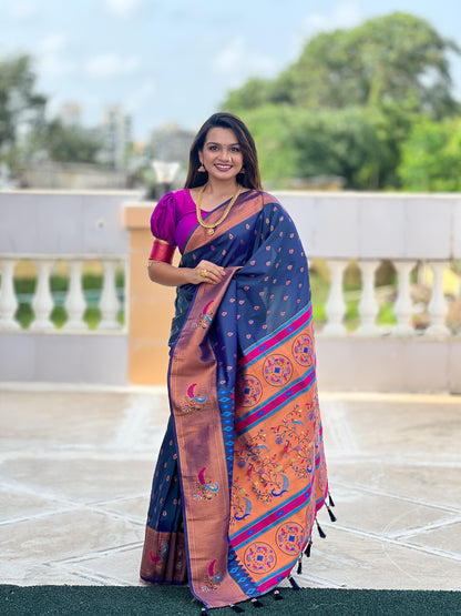  Mangalya Paithani Silk Saree with zari weaving and peacock Meenakari design.