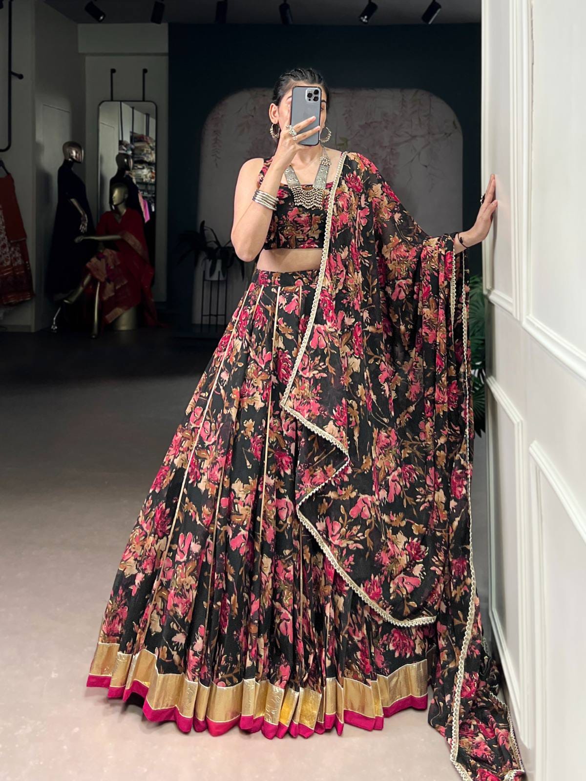 Chiffon Floral Navratri Lehenga Choli with Dupatta 2025