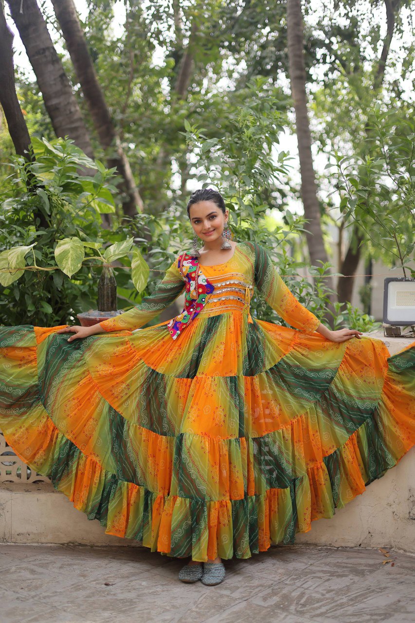 Navratri Gown 2025 – Bandhej Print with Kutchi Work