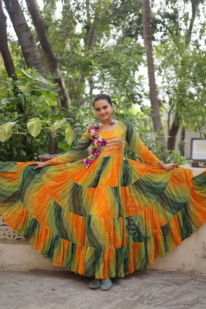 Navratri Gown 2025 – Bandhej Print with Kutchi Work