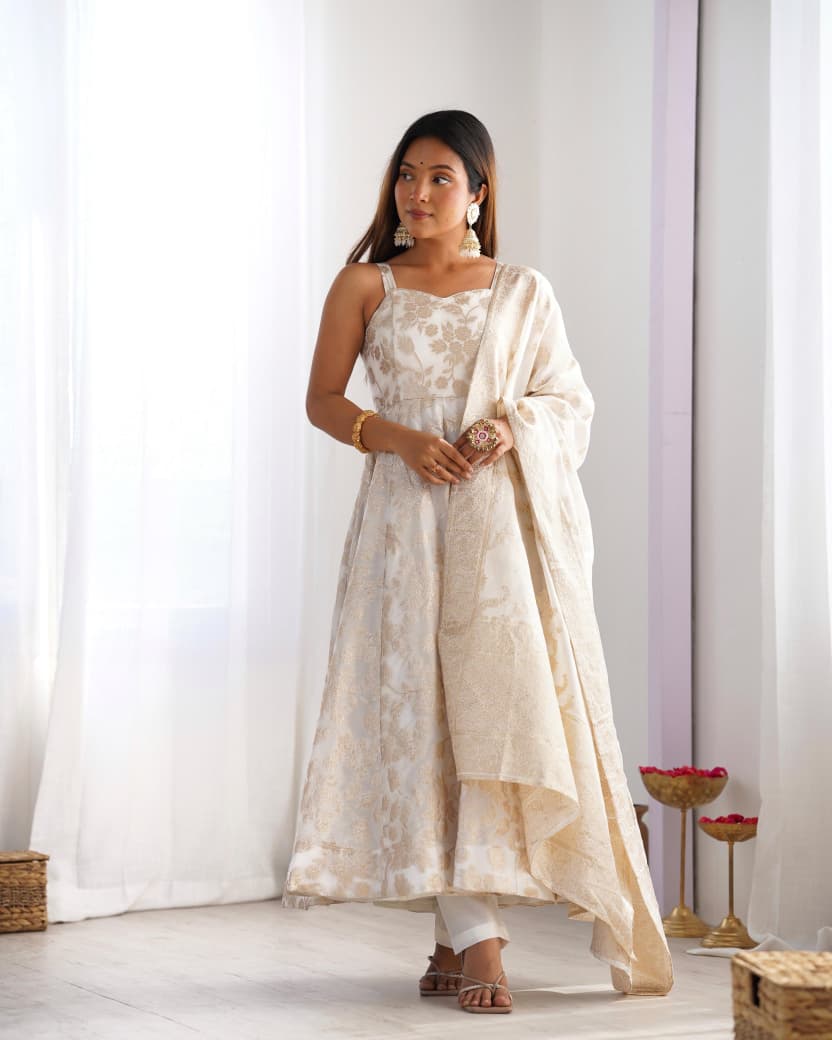 banarasi jacquard anarkali gown