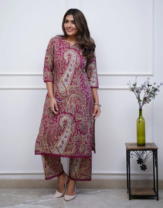 Maroon Printed Viscose Rayon Kurta & Pant Set with Dupatta – Traditional Ethnic Wear for Women