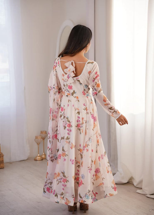 printed georgette gown set with pant and dupatta