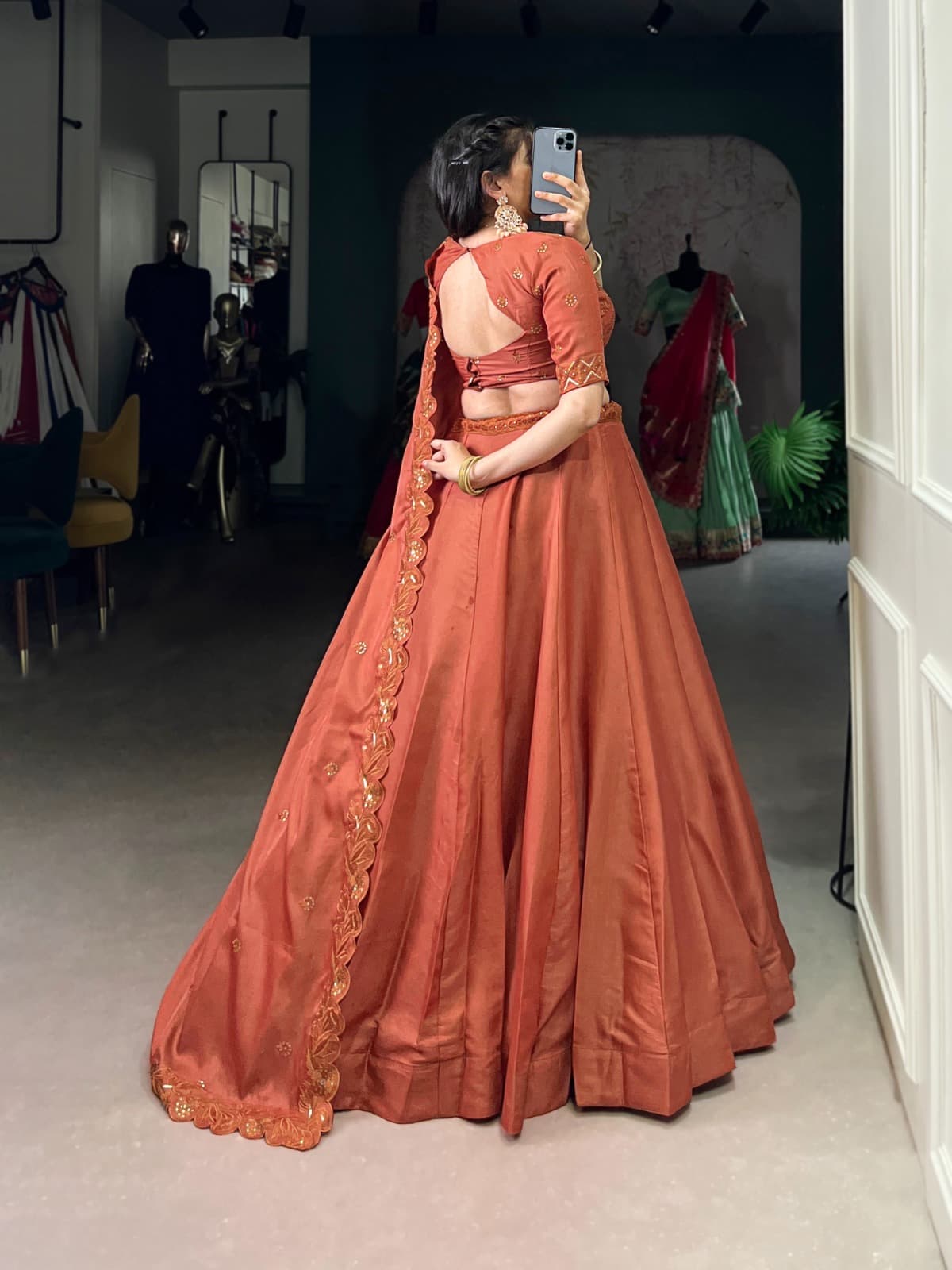 Festive Wear Embroidered Lehenga with Dupatta – Rust Color