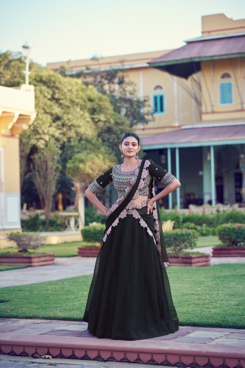 Designer Embroidered Georgette Lehenga Choli Set with Floral Scallop Dupatta for Navratri & Festive Wear