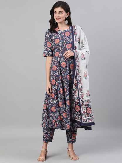 Blue Floral Printed Viscose Rayon Kurta Set with Dupatta – Ethnic Wear for Women