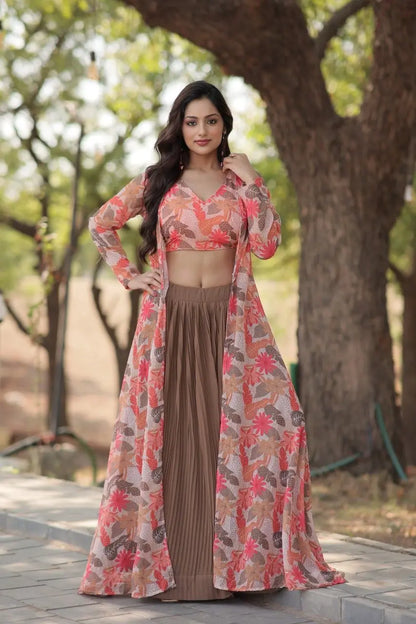 Elegant Faux Georgette Lehenga Choli with Shrug – Digital Floral Print Tijori Threads