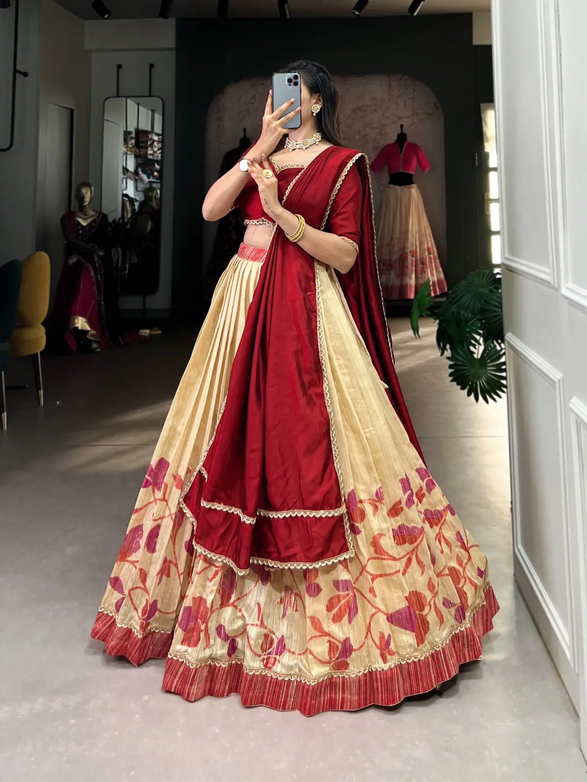 Elegant Green Silk Lehenga Set with Vichitra Silk Blouse Tijori Threads
