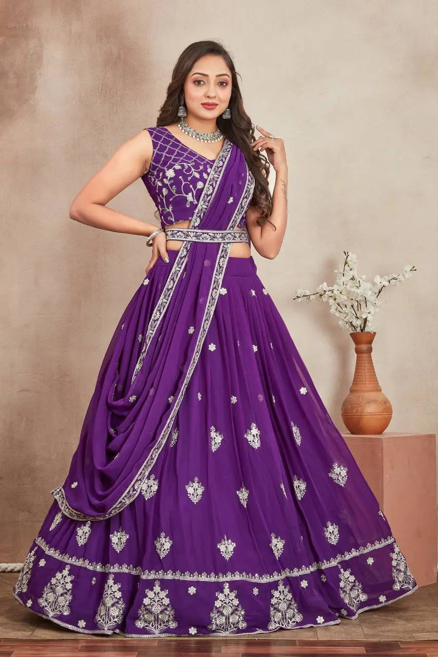 Elegant Purple Perl Lehenga with Dupatta – Heavy Georgette Tijori Threads