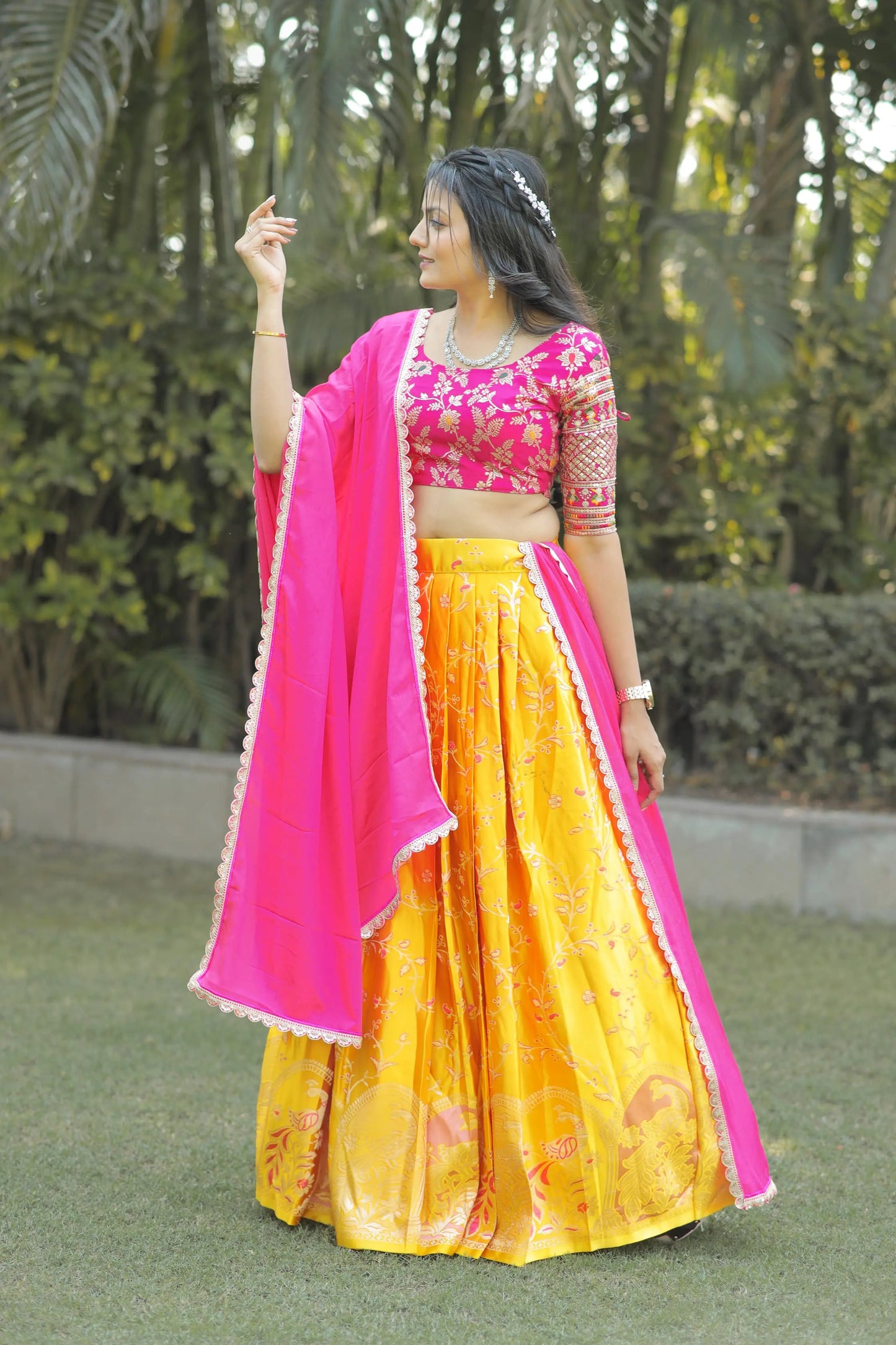 Half Saree in Pure Silk with Zari Weaving & Embroidery Tijori Threads