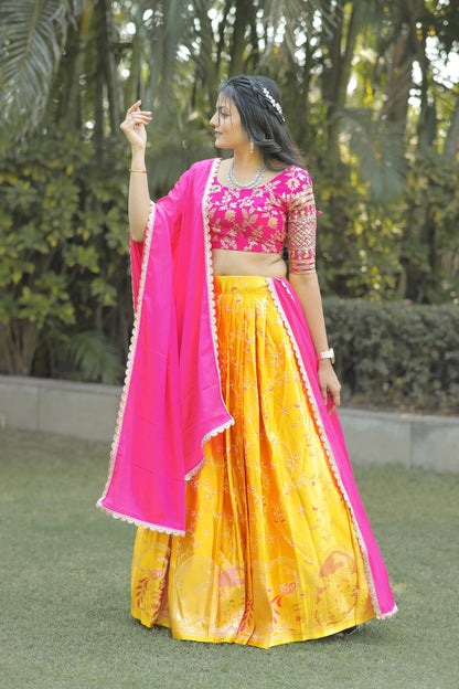 Half Saree in Pure Silk with Zari Weaving & Embroidery Tijori Threads