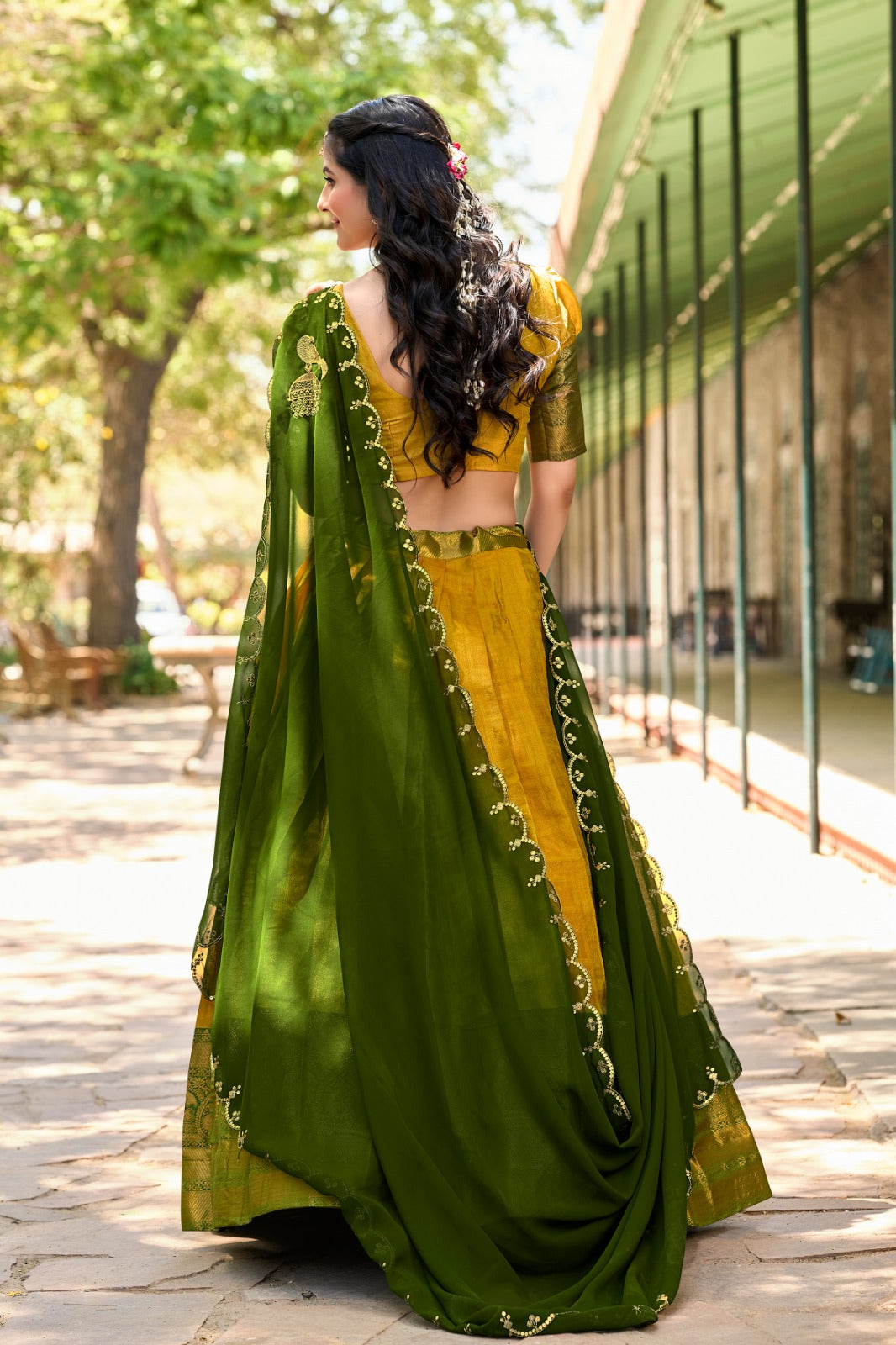 Kanjivaram Silk Lehenga with Zari Weaving Work and Embroidered Dupatta.