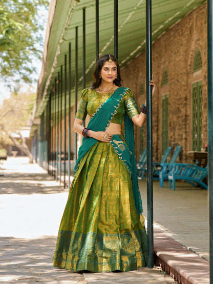 Kanjivaram Silk Lehenga with Zari Weaving Work and Embroidered Dupatta.