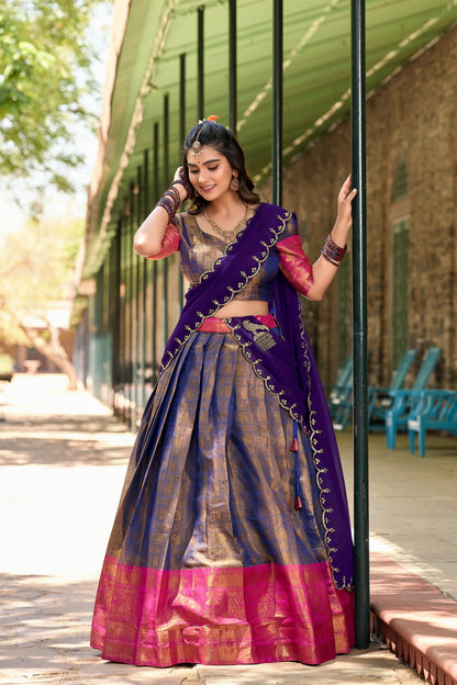 Full view of SAMBHAVI Kanjivaram Lehenga Choli showcasing 3.80-meter flair.