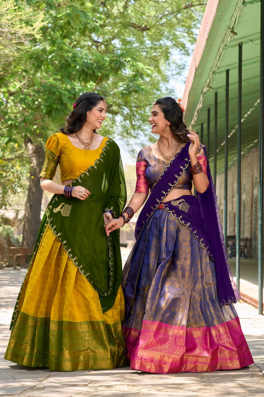 Kanjivaram Silk Lehenga with Zari Weaving Work and Embroidered Dupatta.