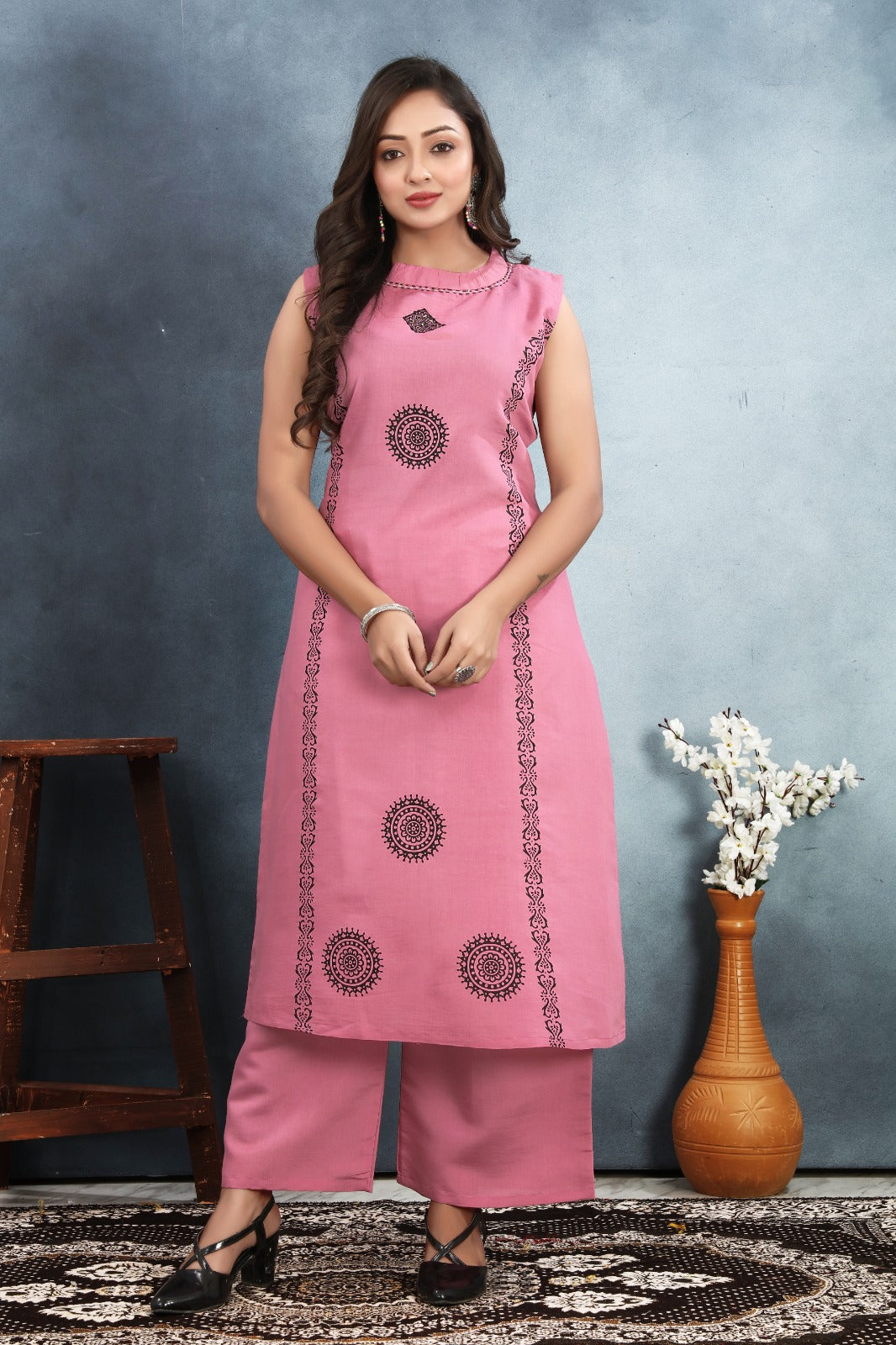  Roman Silk Kurti with Block Print and Sequins Work paired with Roman Silk Bottom.