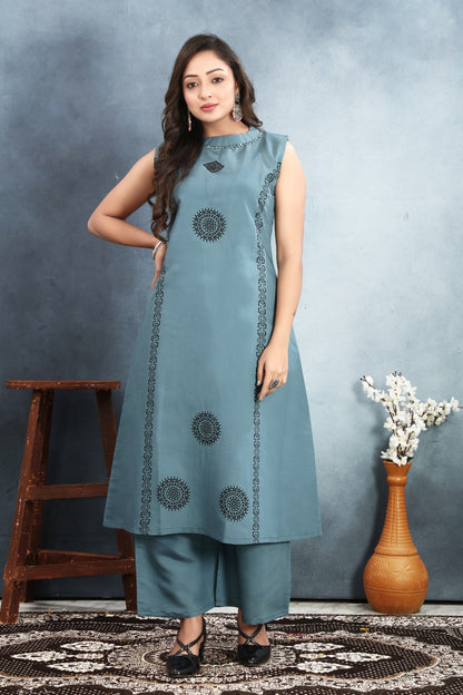  Roman Silk Kurti with Block Print and Sequins Work paired with Roman Silk Bottom.