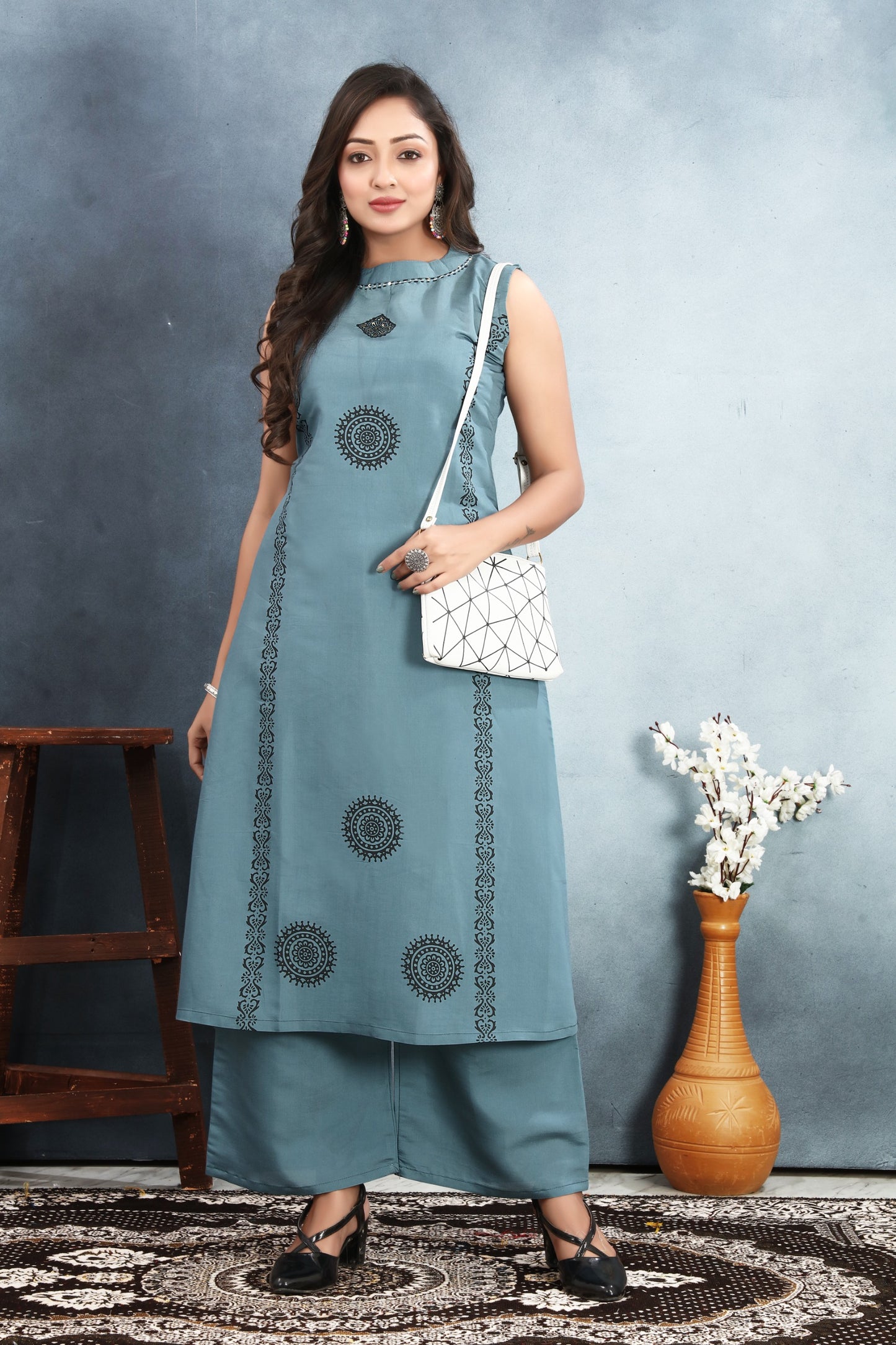 Full view of the Roman Silk Kurti Pair showcasing its elegant design and comfort.