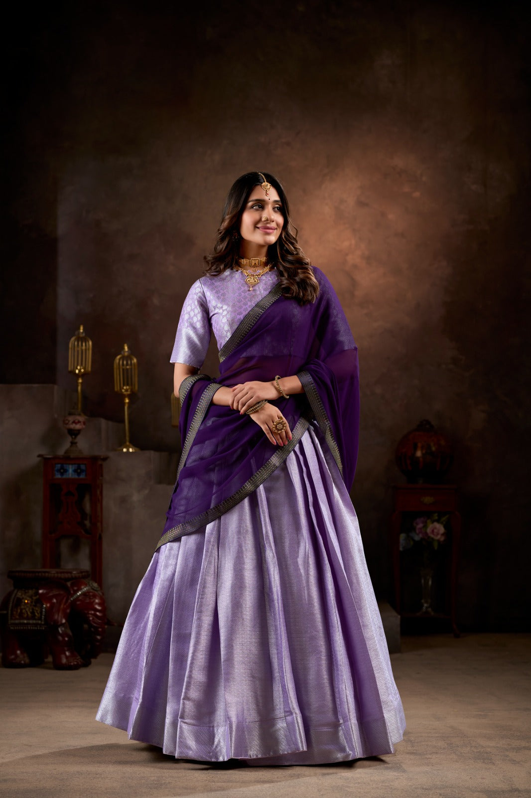 Georgette Dupatta with Weaving Lace Border Paired with Jacquard Silk Lehenga